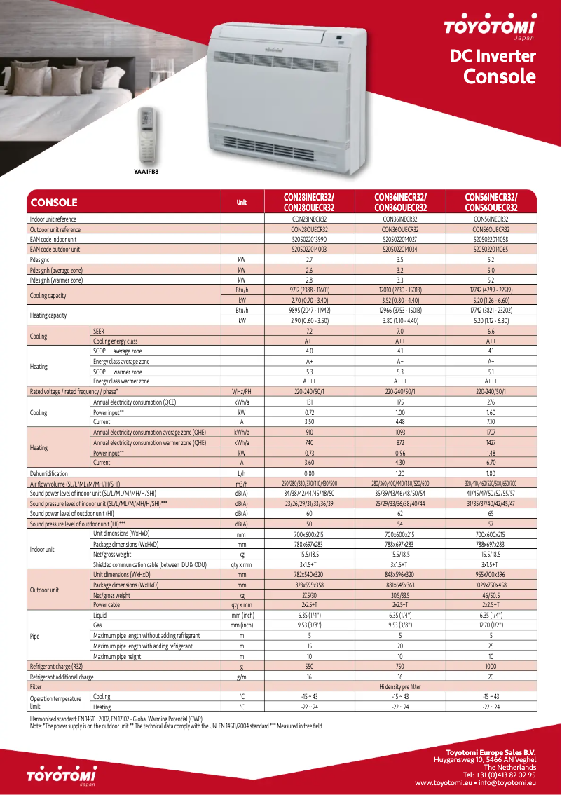 Page 1 de la notice Fiche technique Toyotomi CON36INECR32/CON36OUECR32