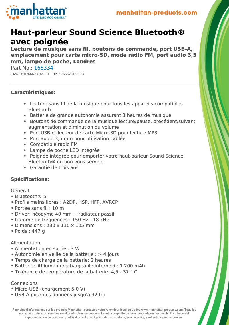 Page 1 de la notice Fiche technique Manhattan 165334