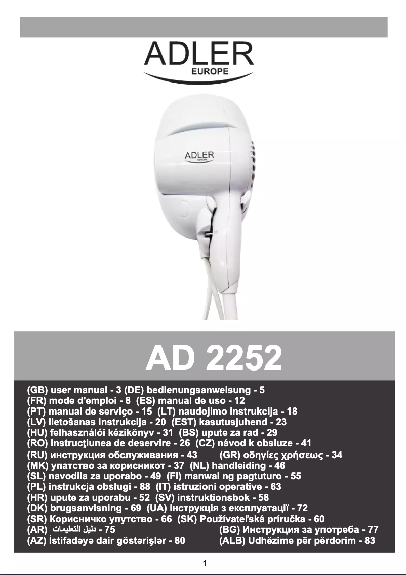 Page 1 de la notice Manuel utilisateur Adler AD 2252