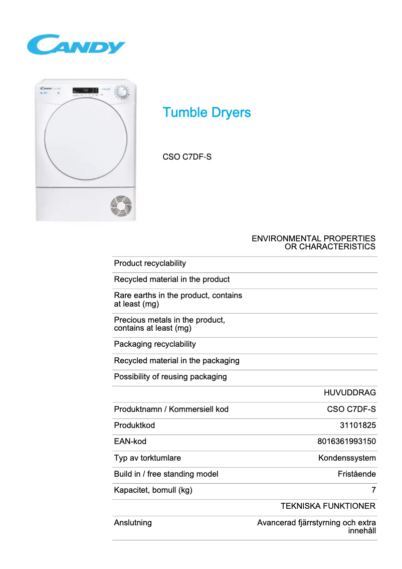 Page 1 de la notice Fiche technique Candy Smart CSO C7DF-S