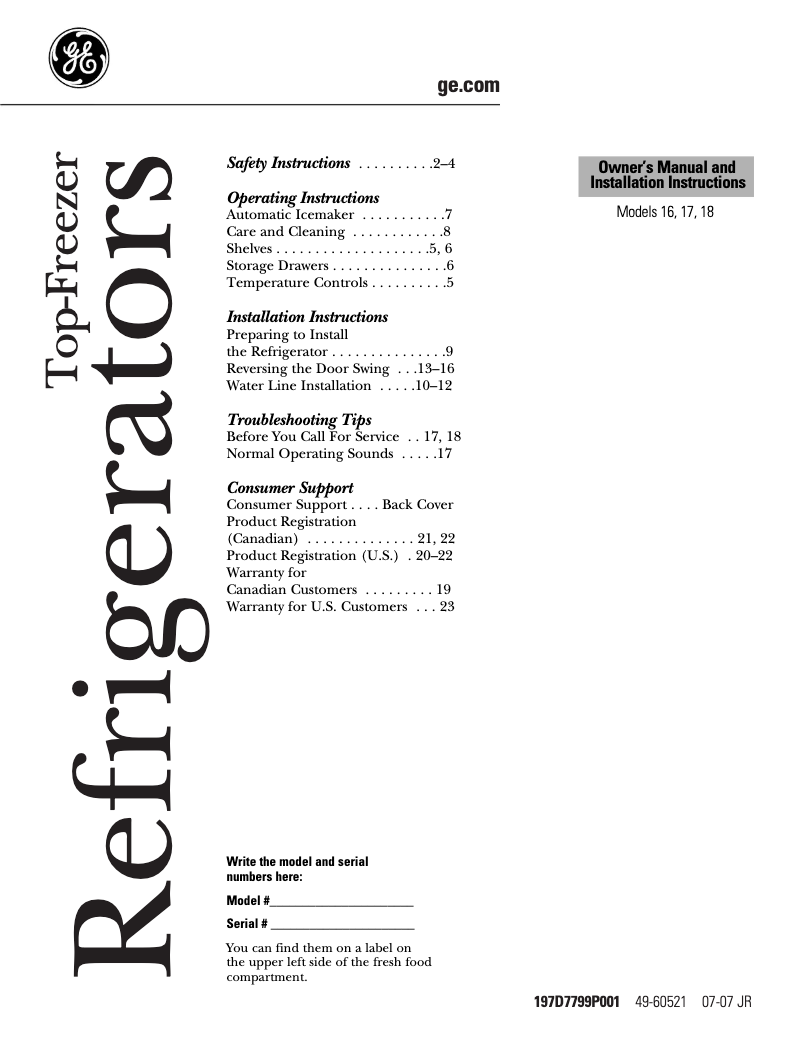 Page 1 de la notice Manuel d'utilisation et d'entretien GE GTL17JBSBS
