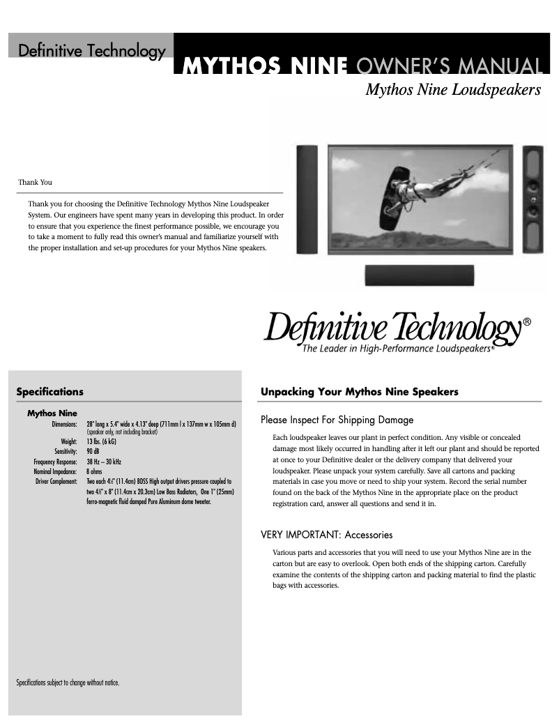 Page 1 de la notice Manuel utilisateur Definitive Technology Mythos 9