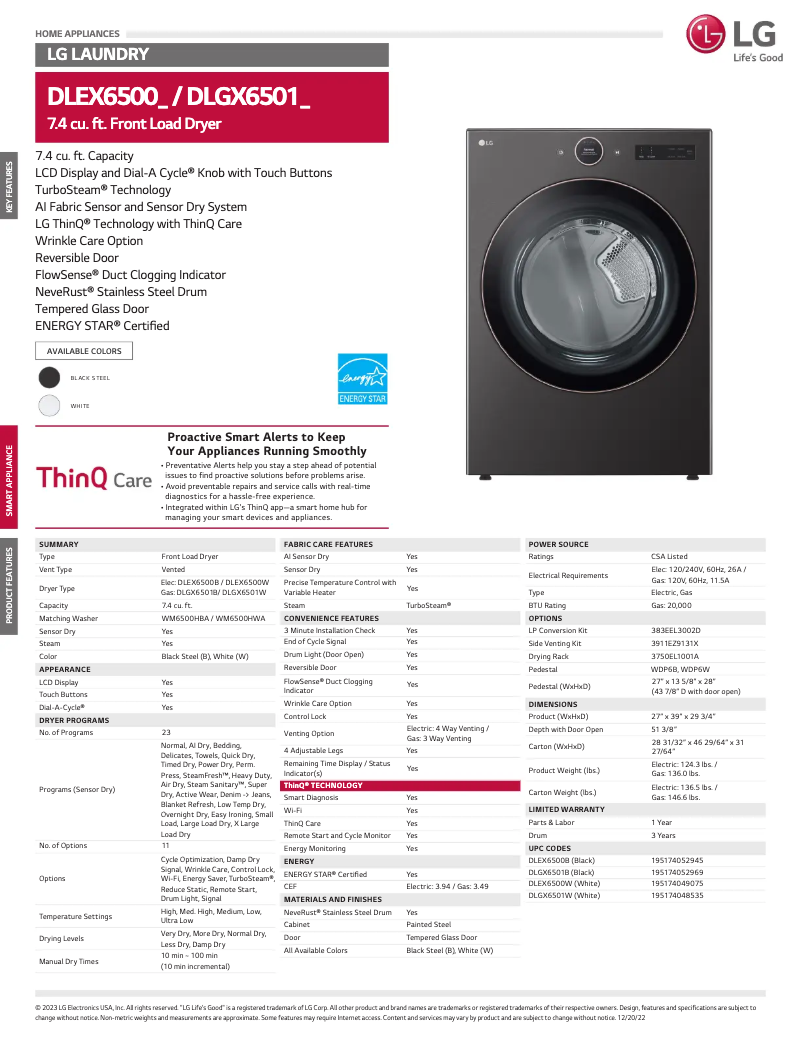 Page 1 de la notice Fiche technique LG DLEX6500B