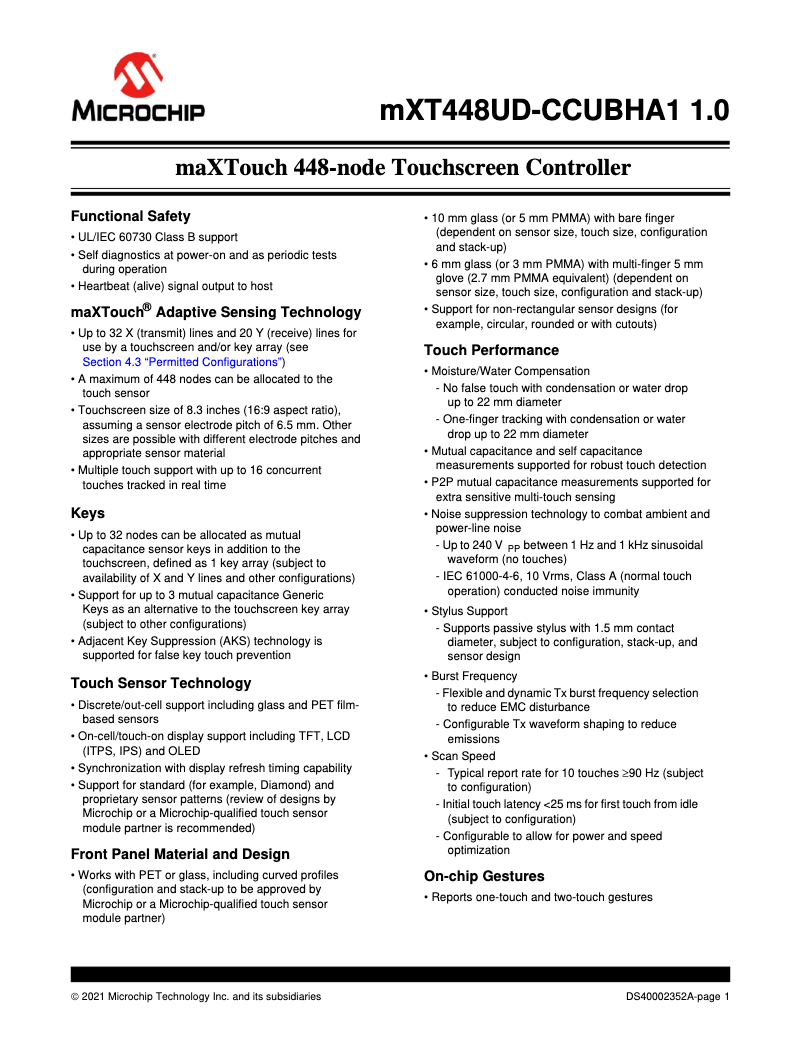 Página 1 del manual Ficha técnica Microchip ATMXT448UD