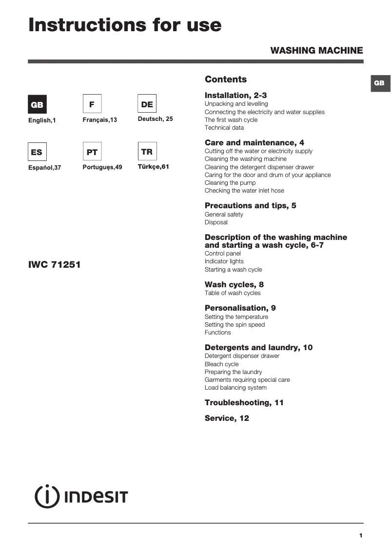 Page 1 de la notice Manuel utilisateur Indesit IWC 71251