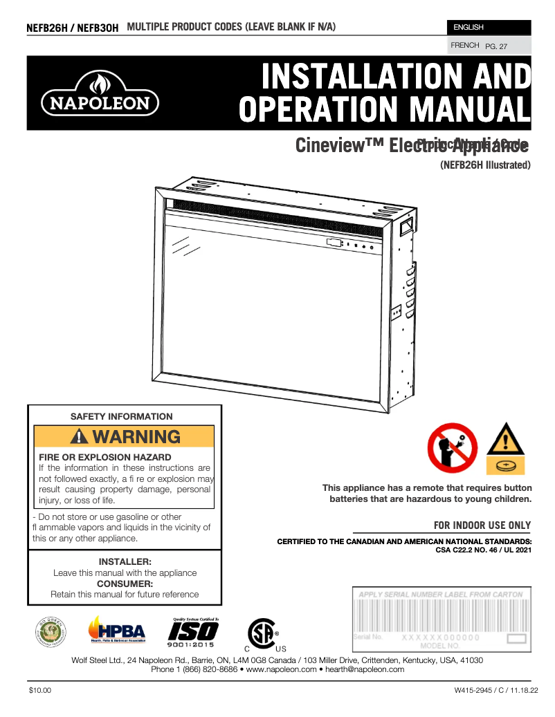 Page 1 de la notice Manuel utilisateur Napoleon Cineview 30