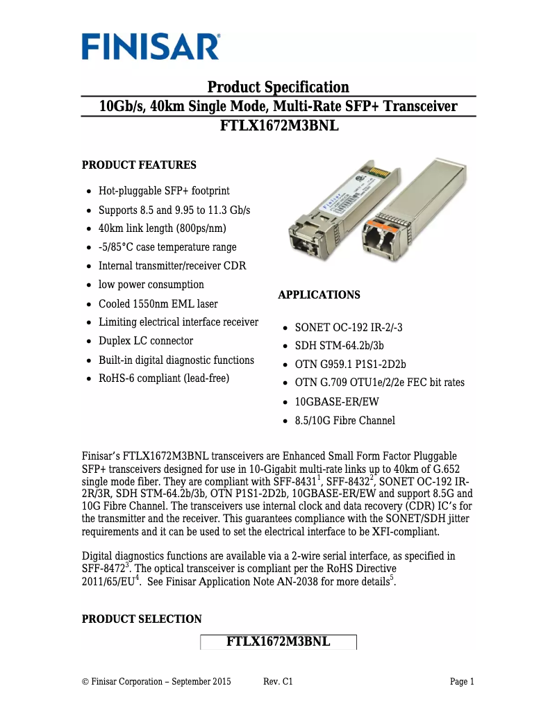 Page n°1 - Manuel utilisateur Finisar FTLX1672M3BNL