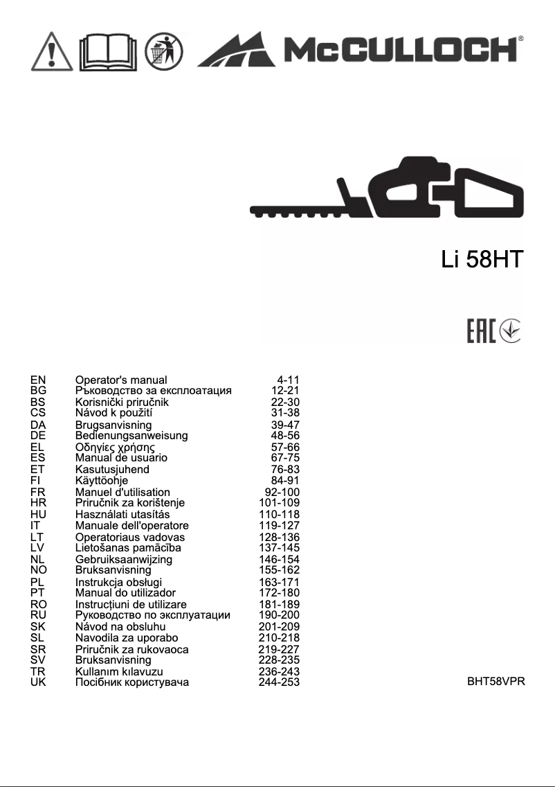 Page n°1 - Manuel utilisateur McCulloch PowerCut Li-58HT