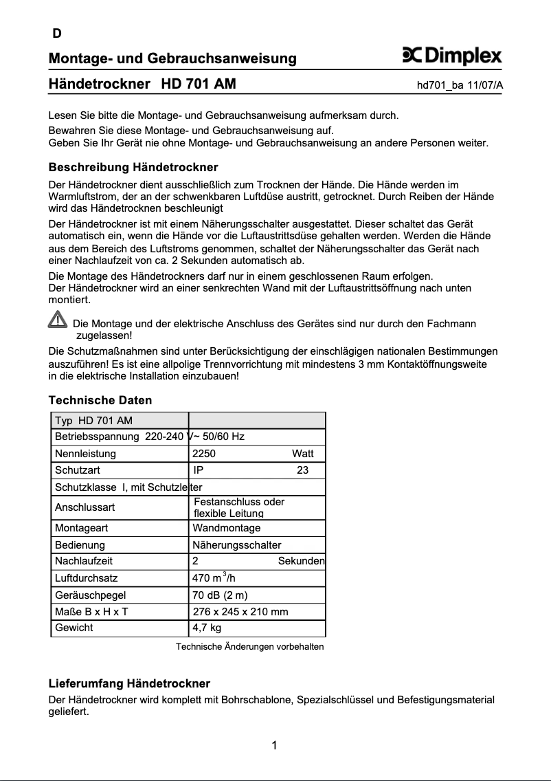 Image de la première page du manuel de l'appareil HD 701 AM