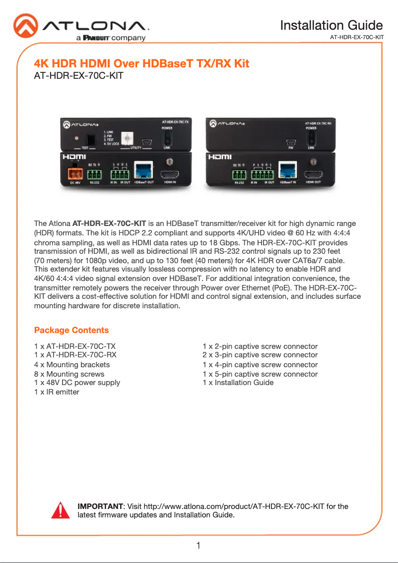 Page n°1 - Manuel utilisateur Atlona HDR-EX-70C-KIT