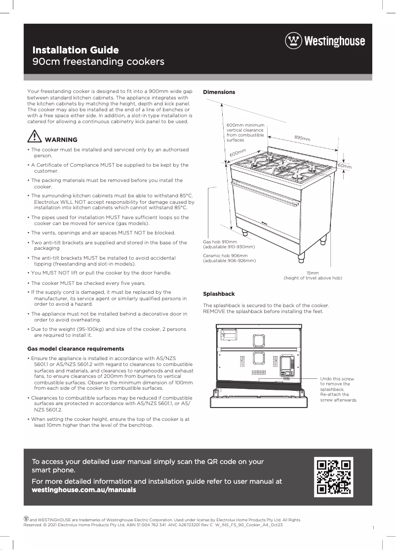 Page 1 de la notice Guide d'installation Westinghouse WFE9516DD