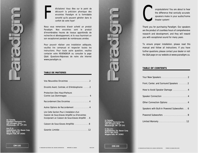 Page 1 de la notice Manuel utilisateur Paradigm PS-1200 v4