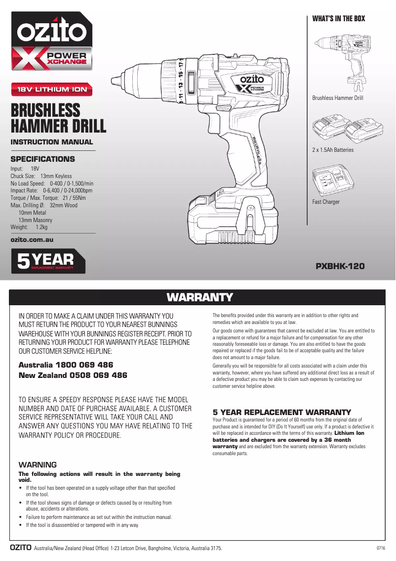 Page 1 de la notice Mode d'emploi Ozito PXBHK-120