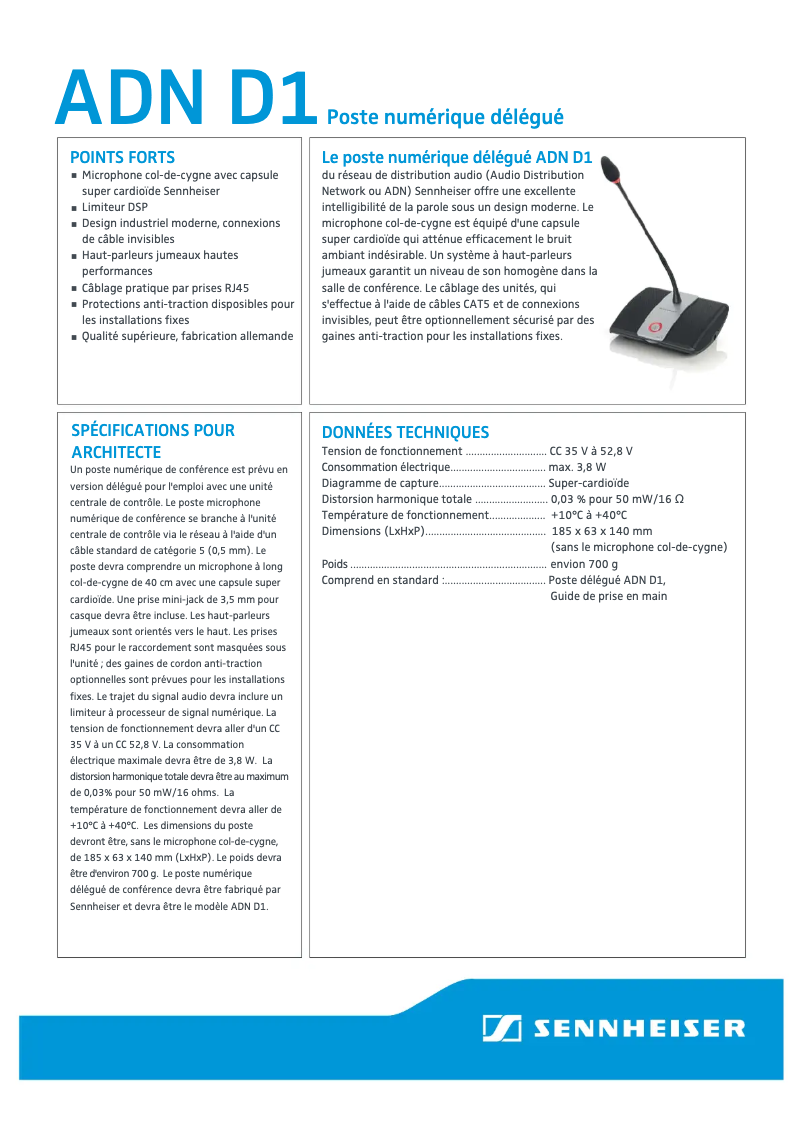 Page n°1 - Fiche technique Sennheiser ADN D1