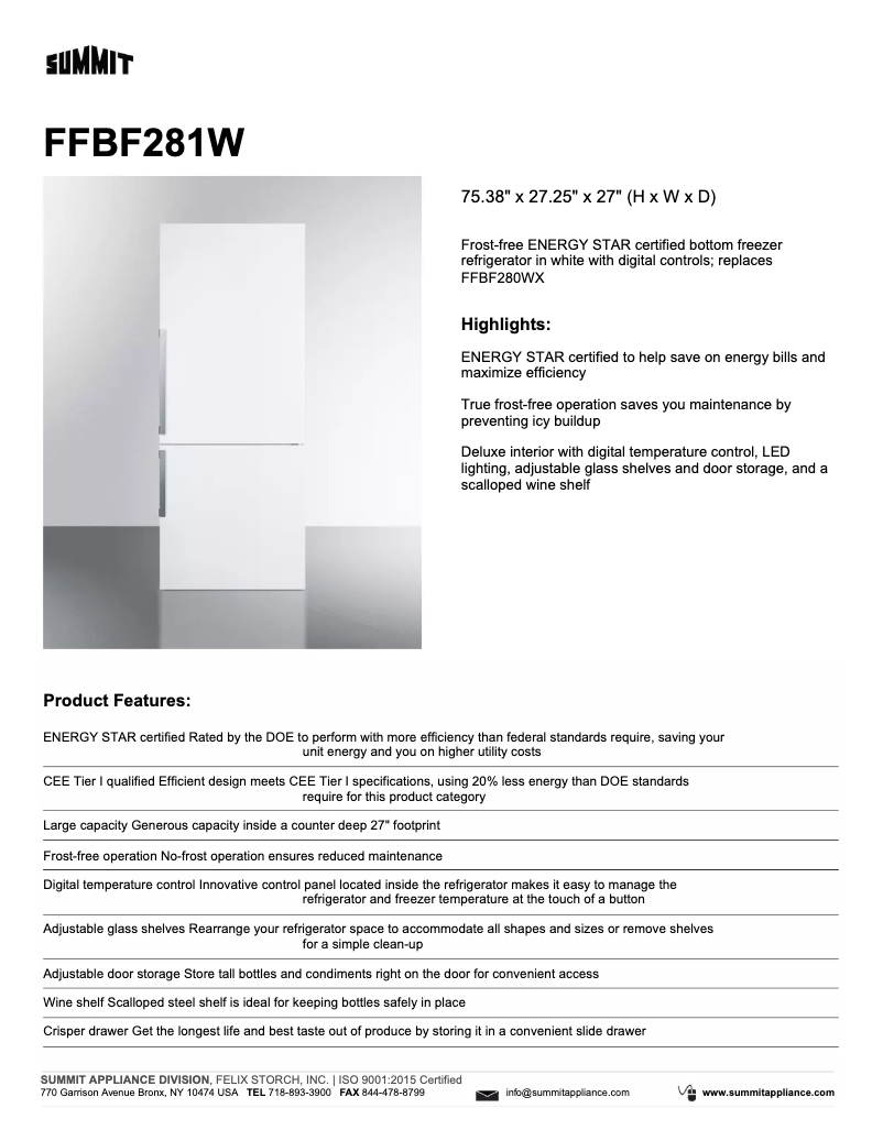 Page 1 de la notice Fiche technique Summit FFBF281