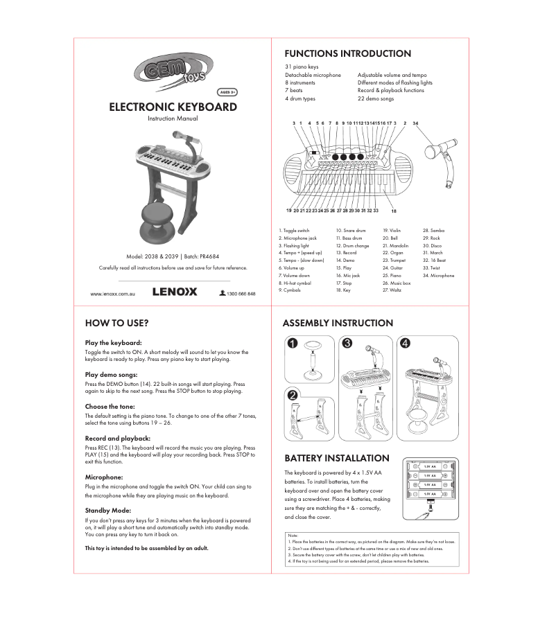 Page 1 de la notice Manuel utilisateur Lenoxx 2039
