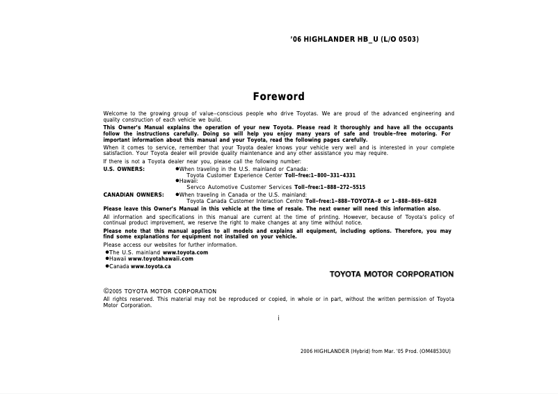Page 1 de la notice Manuel utilisateur Toyota Highlander HV (2006)