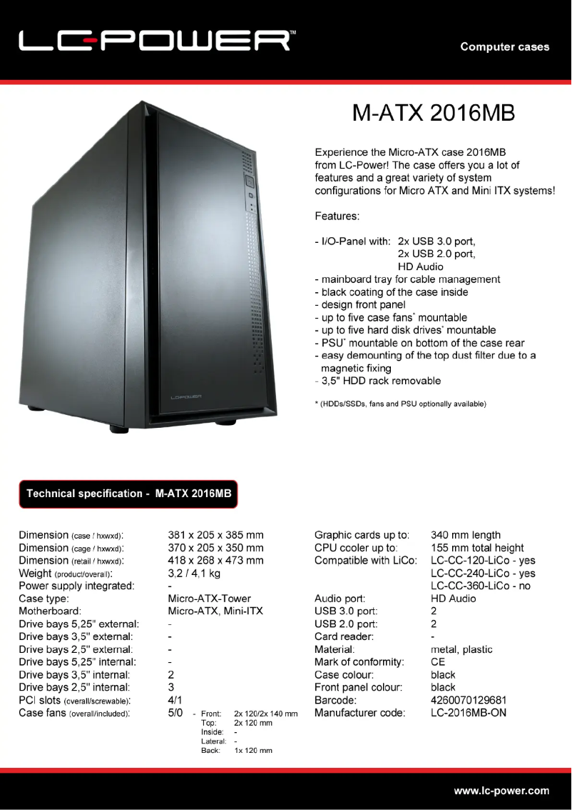 Page n°1 - Fiche technique LC-Power M-ATX Case 2016MB