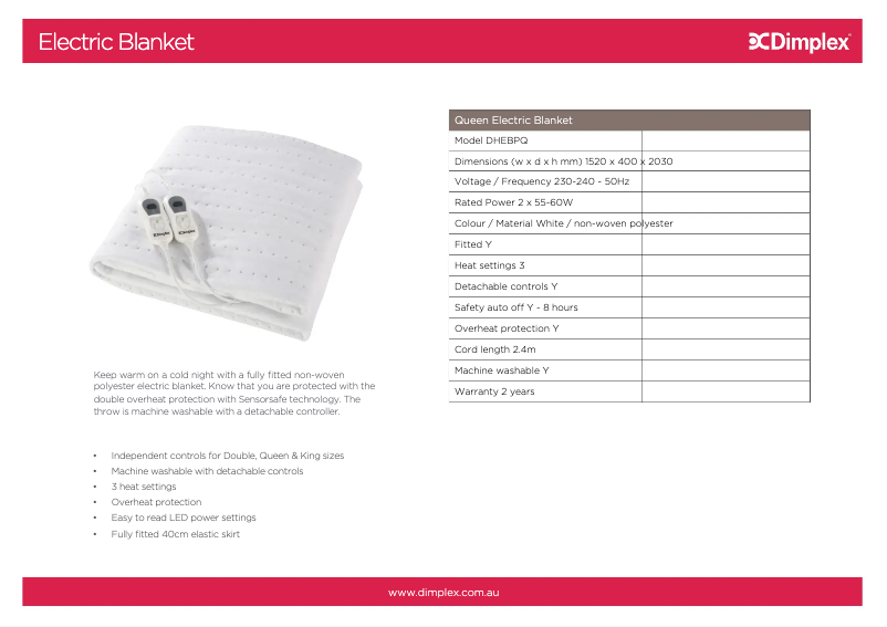 Page 1 de la notice Fiche technique Dimplex DHEBPQ