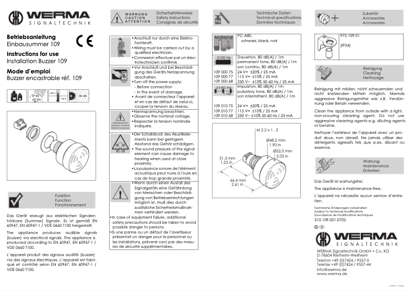 Page n°1 - Manuel utilisateur Werma 109.000.75