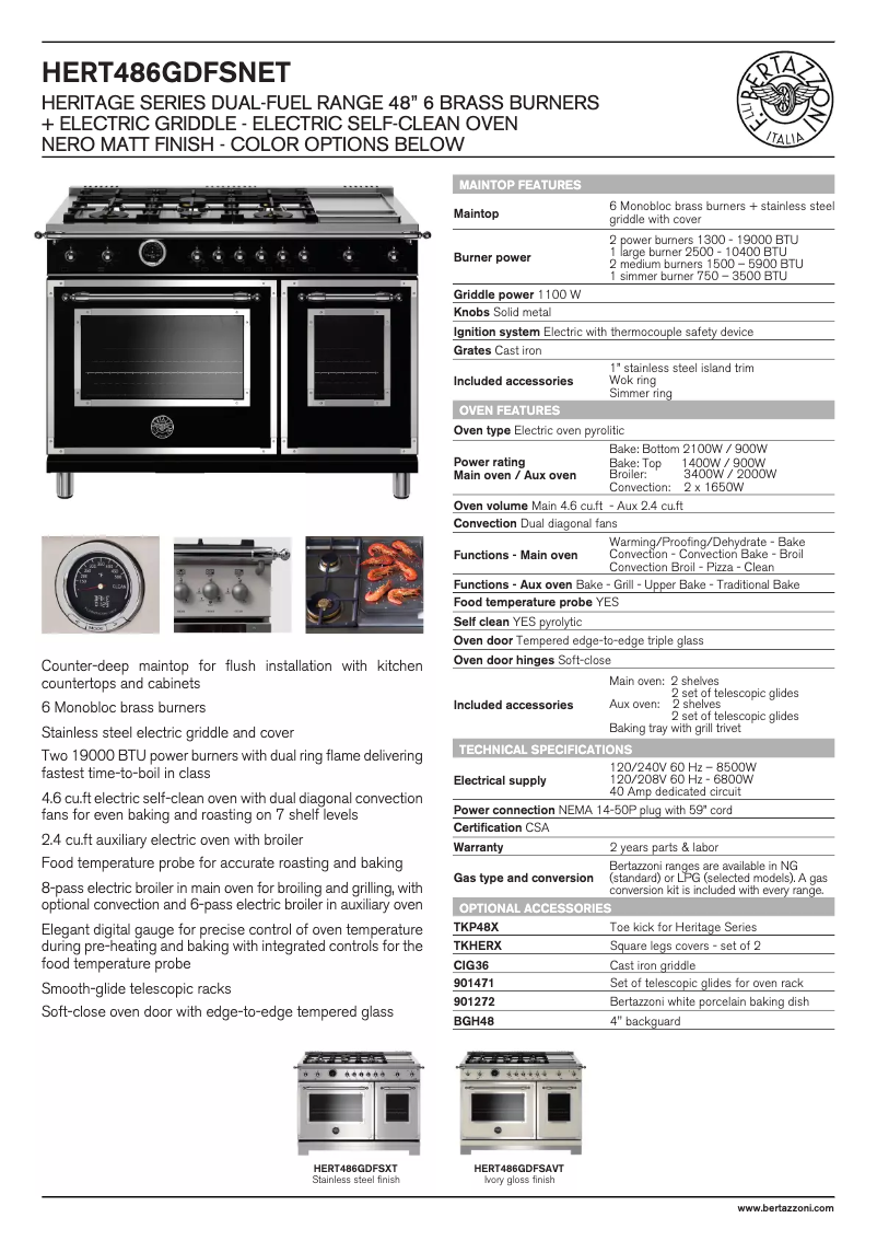 Page 1 de la notice Fiche technique Bertazzoni HERT486GDFSNET