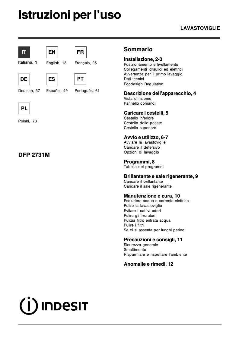 Page 1 de la notice Manuel utilisateur Indesit DFP 2731M