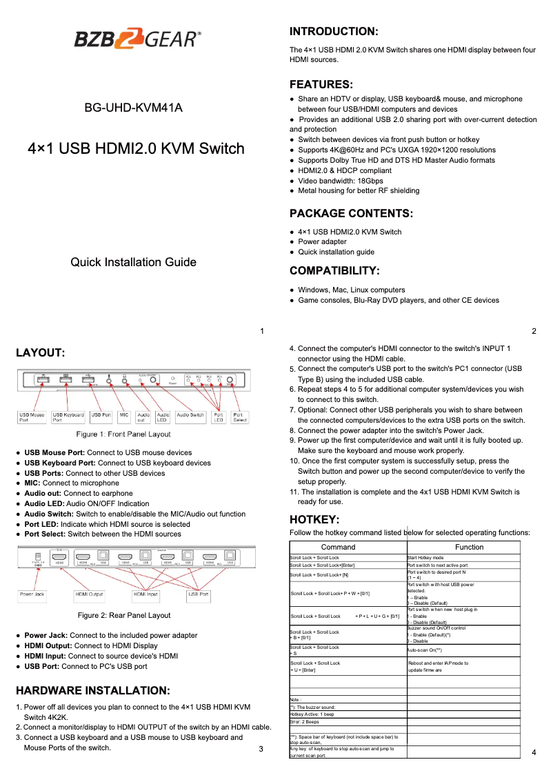 Page 1 de la notice Manuel utilisateur BZBGear BG-UHD-KVM41A