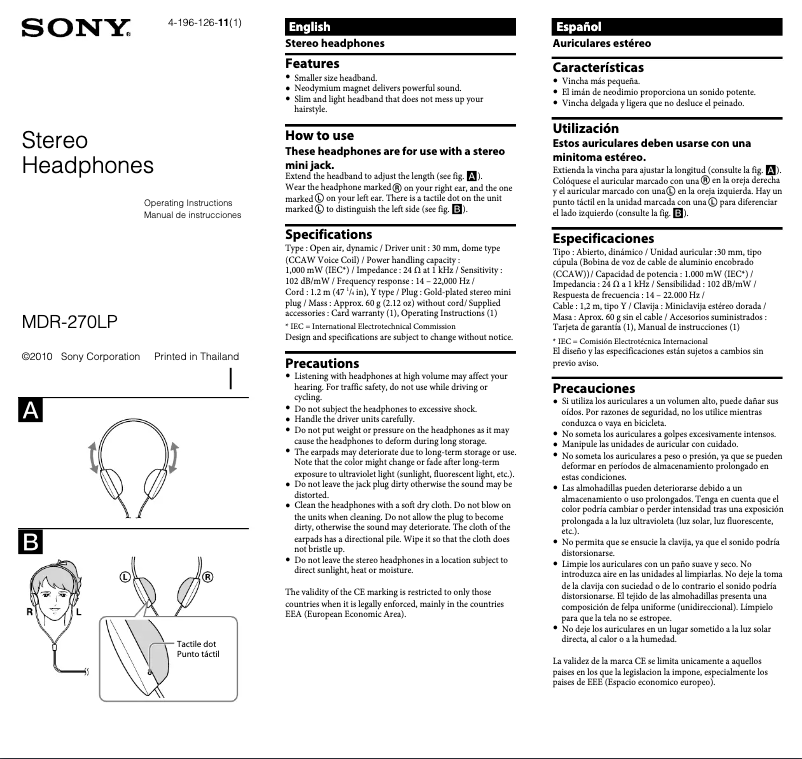 Page n°1 - Manuel utilisateur Sony MDR-270LP