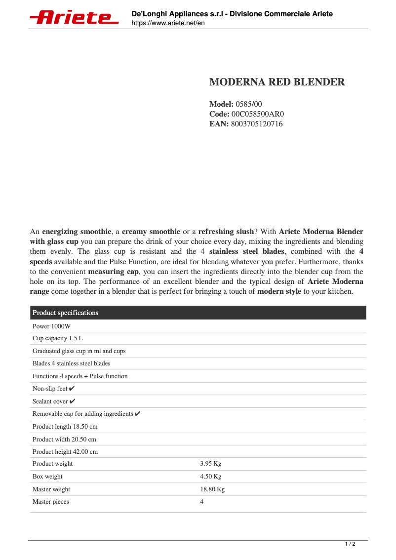 Página 1 del manual Ficha técnica Ariete 0585