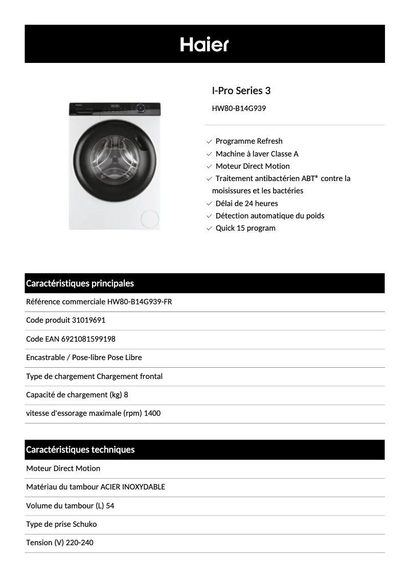 Page 1 de la notice Fiche technique Haier HW80-B14G939