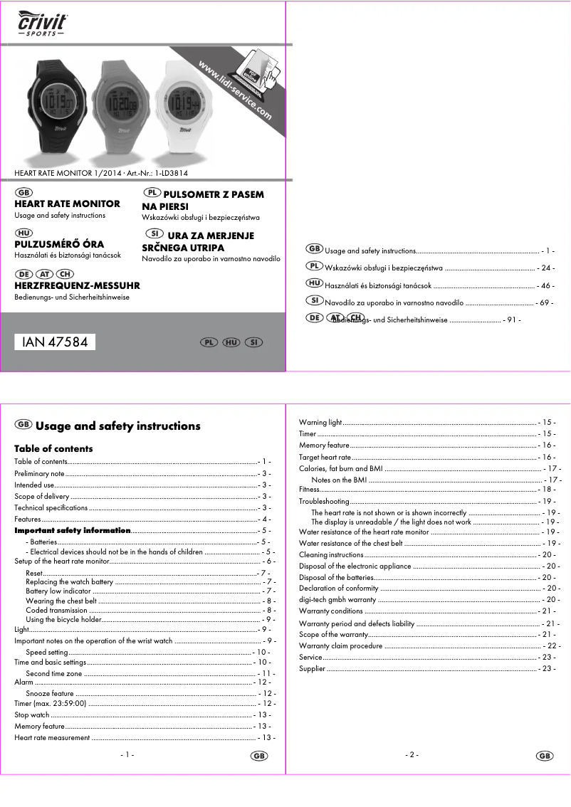 Page n°1 - Manuel utilisateur Crivit IAN 47584