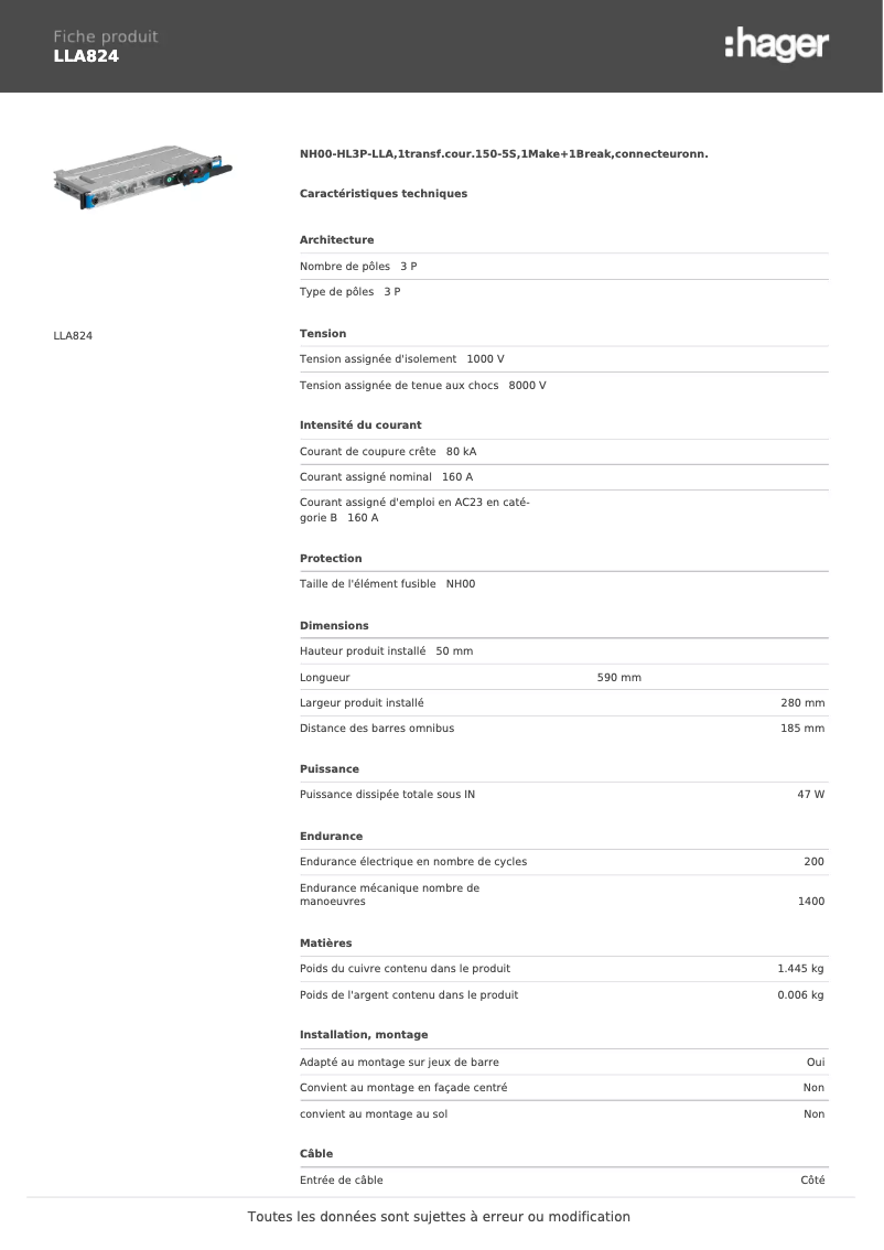Page 1 de la notice Fiche technique Hager LLA824