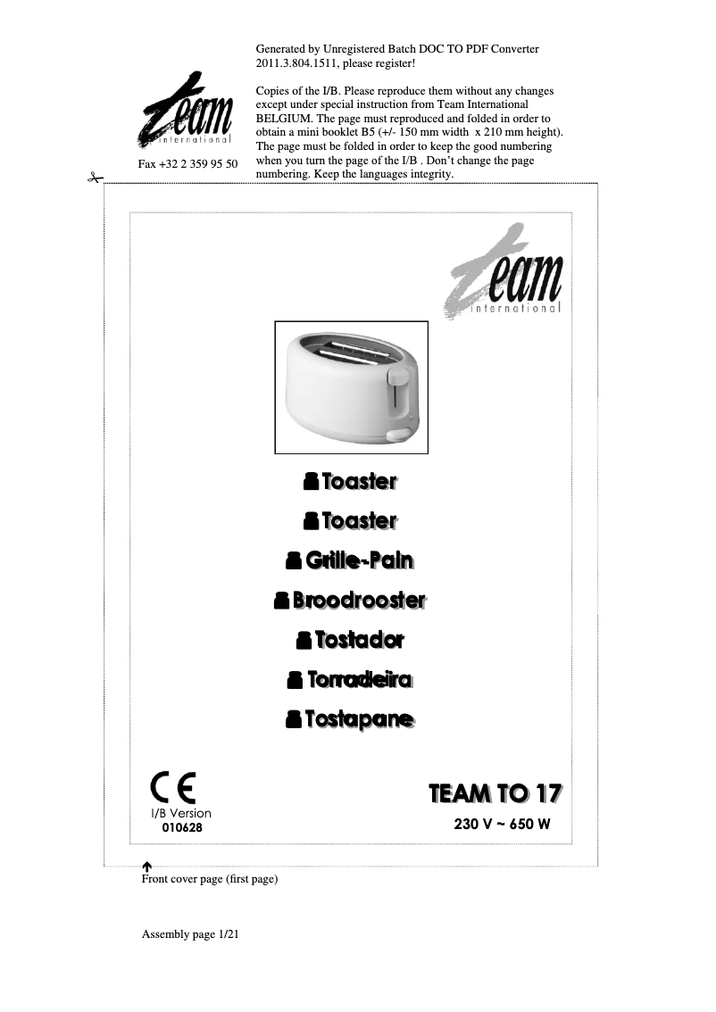 Image de la première page du manuel de l'appareil TO 17