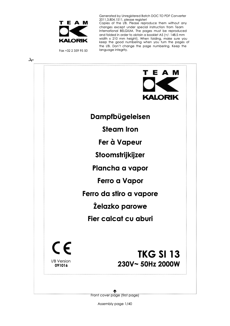 Page 1 de la notice Manuel utilisateur Kalorik TKG SI 13