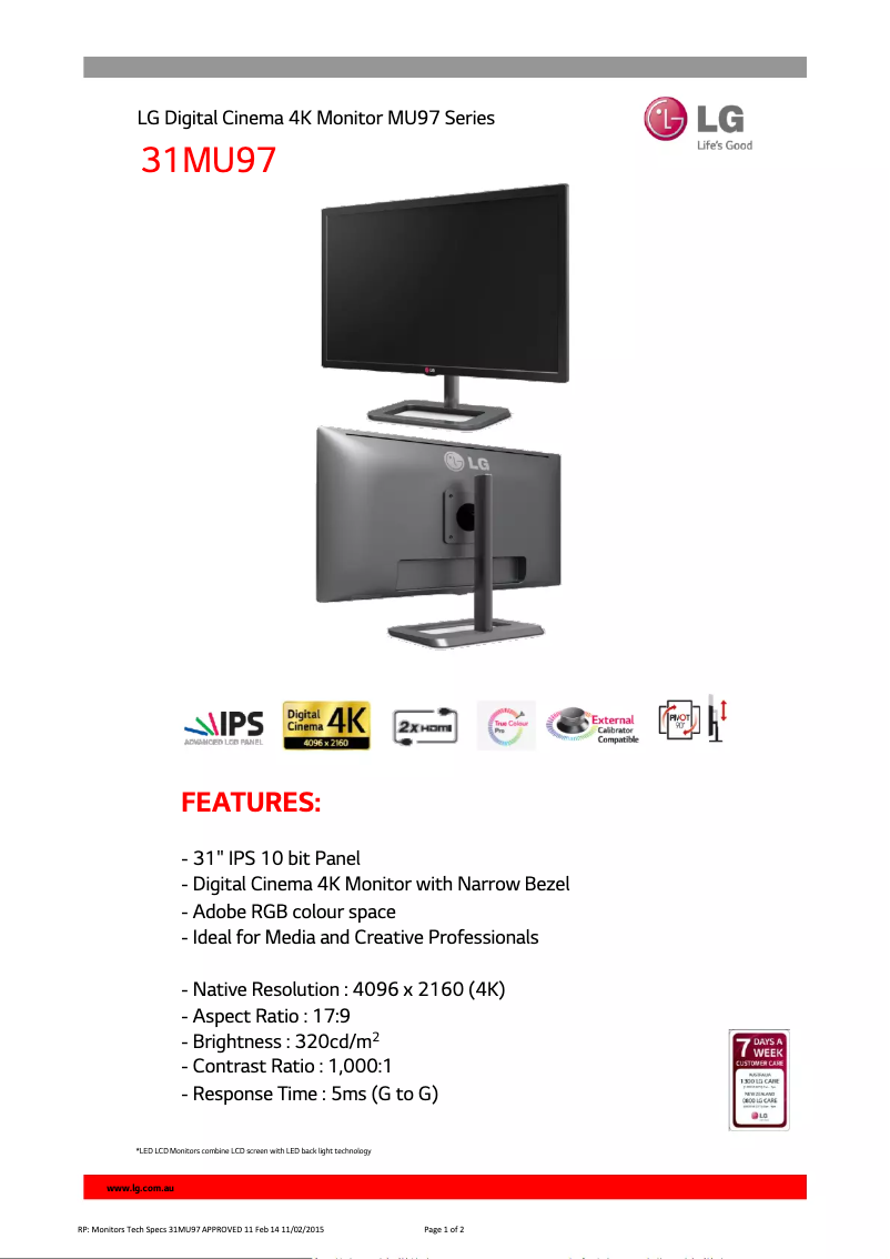 Página 1 del manual Ficha técnica LG 31MU97-B