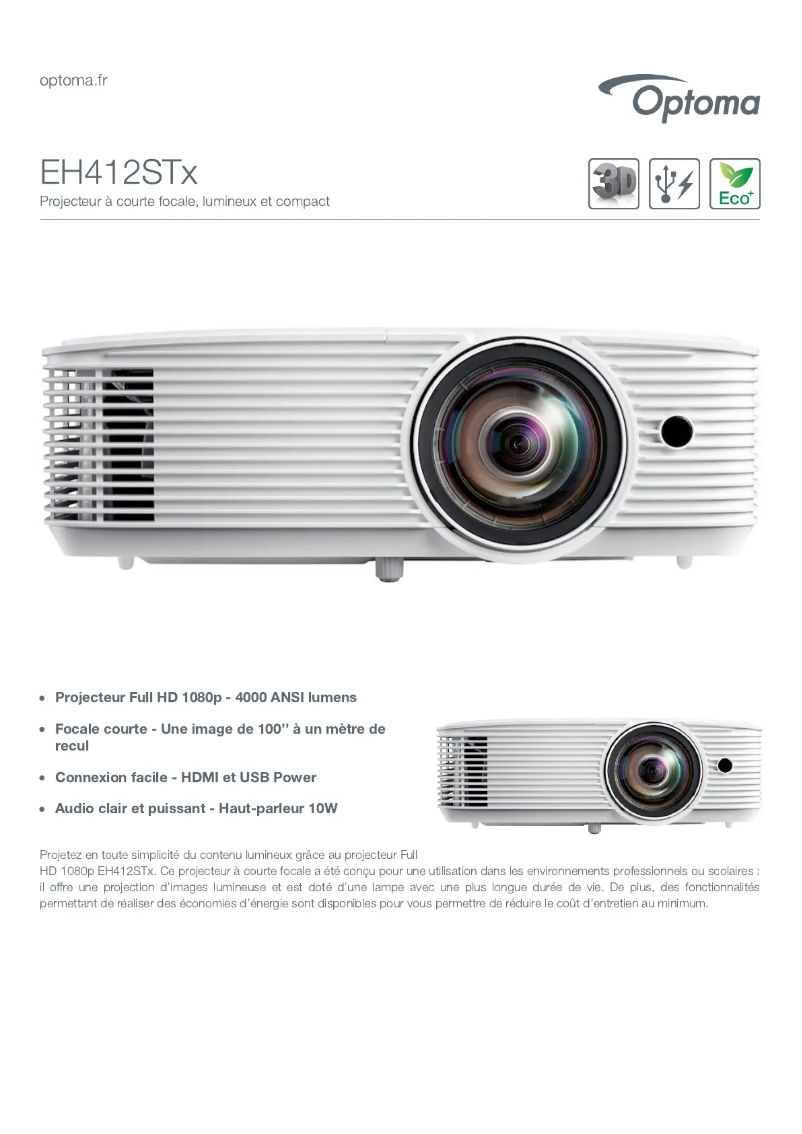 Page n°1 - Fiche technique Optoma EH412STx