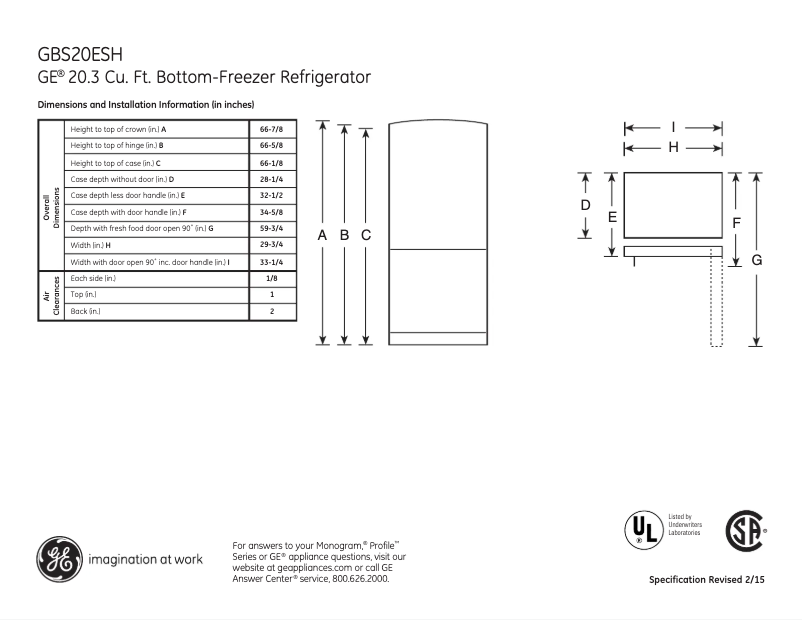 Página 1 del manual Ficha técnica GE GBS20ESHSS