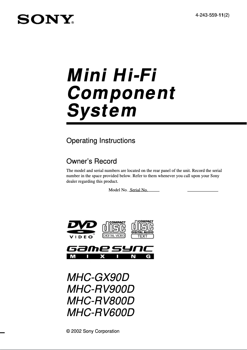 Page n°1 - Manuel utilisateur Sony MHC-RV600D
