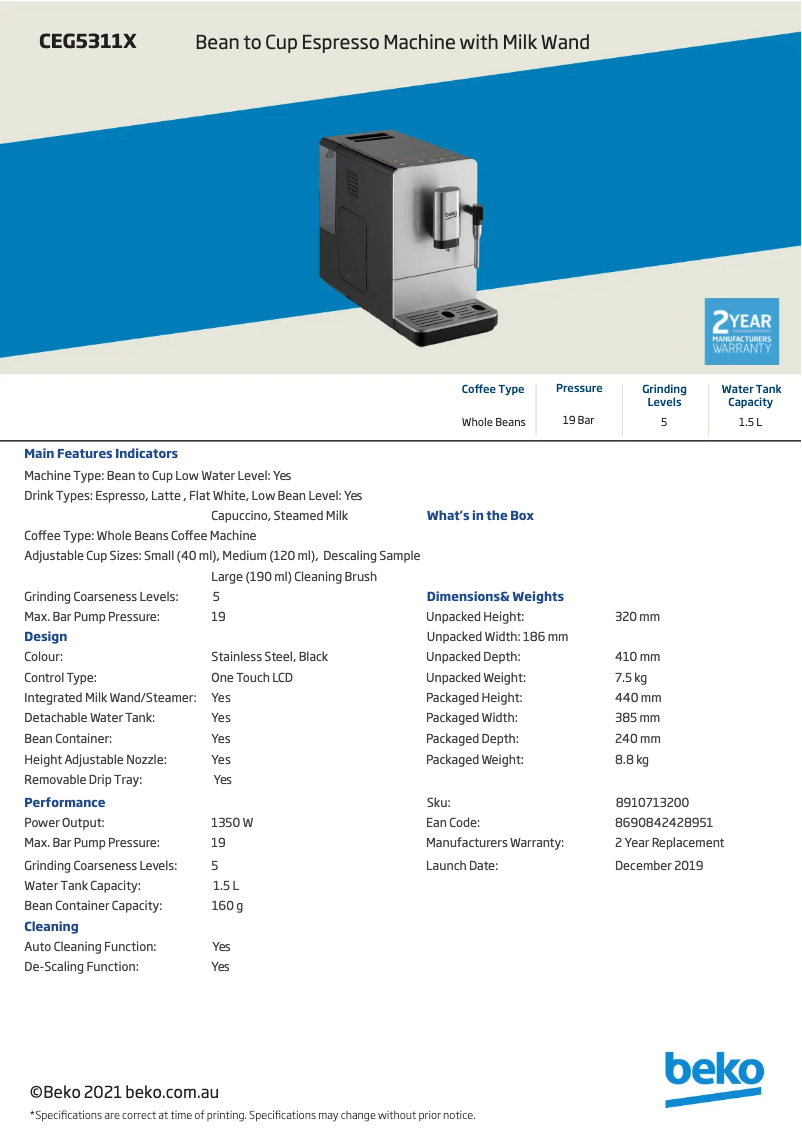 Page 1 de la notice Fiche technique Beko CEG5311X