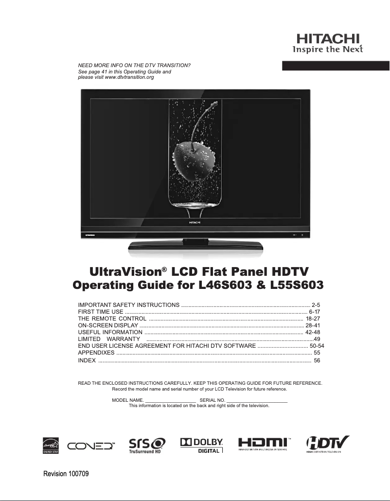 Page n°1 - Manuel utilisateur Hitachi L55S603