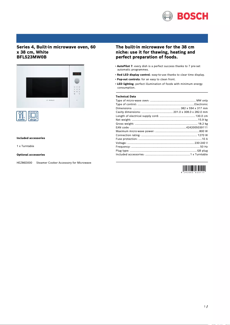 Page 1 de la notice Fiche technique Bosch Serie 4 BFL523MW0B