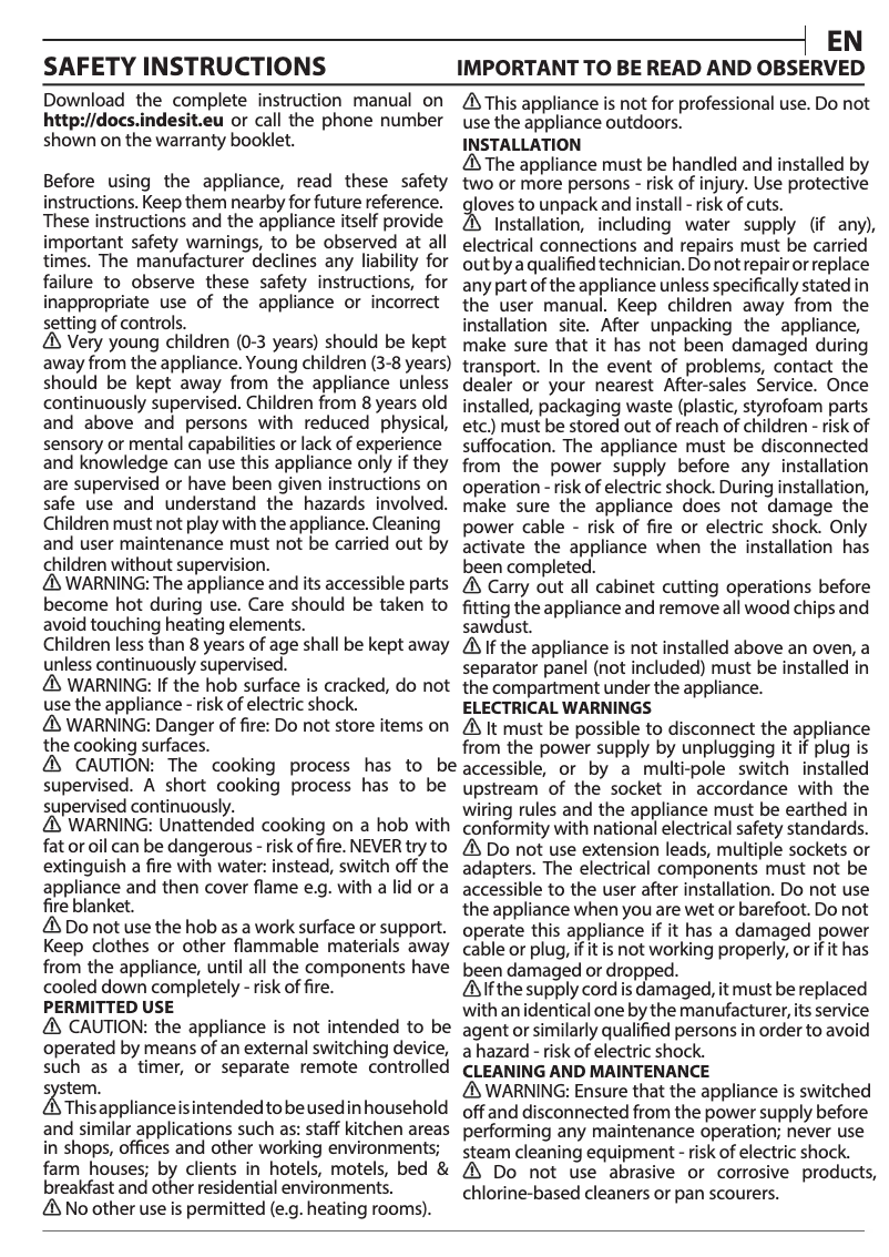 Page n°1 - Mode d'emploi Indesit TI 60 X