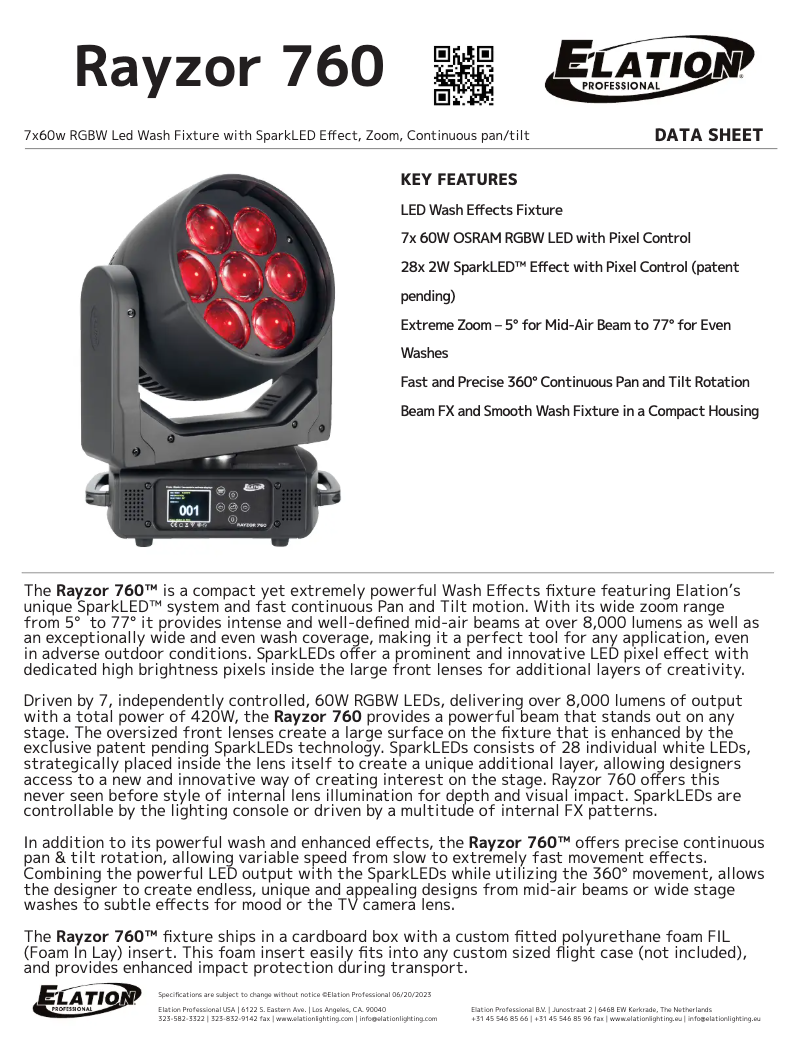 Page 1 de la notice Fiche technique Elation Rayzor 760
