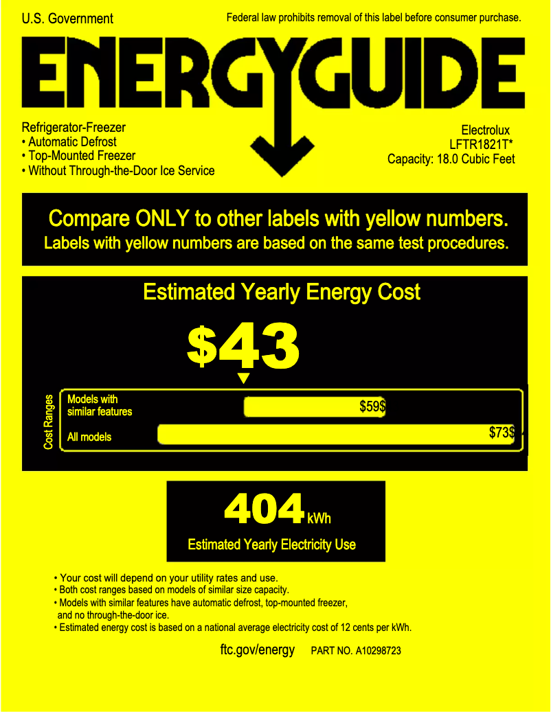 Page n°1 - Label énergétique Frigidaire FFTR1821TW