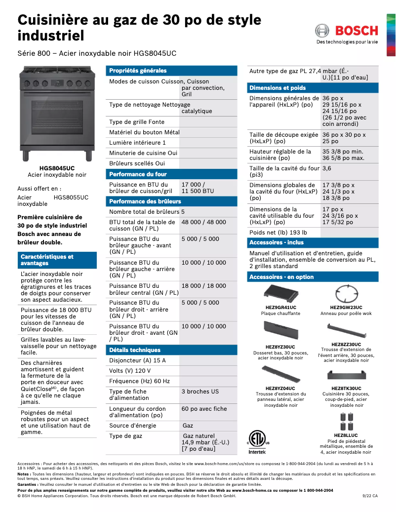 Page 1 de la notice Fiche technique Bosch HGS8045UC