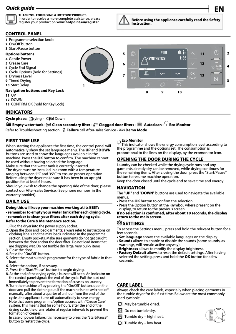 Page n°1 - Manuel utilisateur Hotpoint H8 D93WB UK