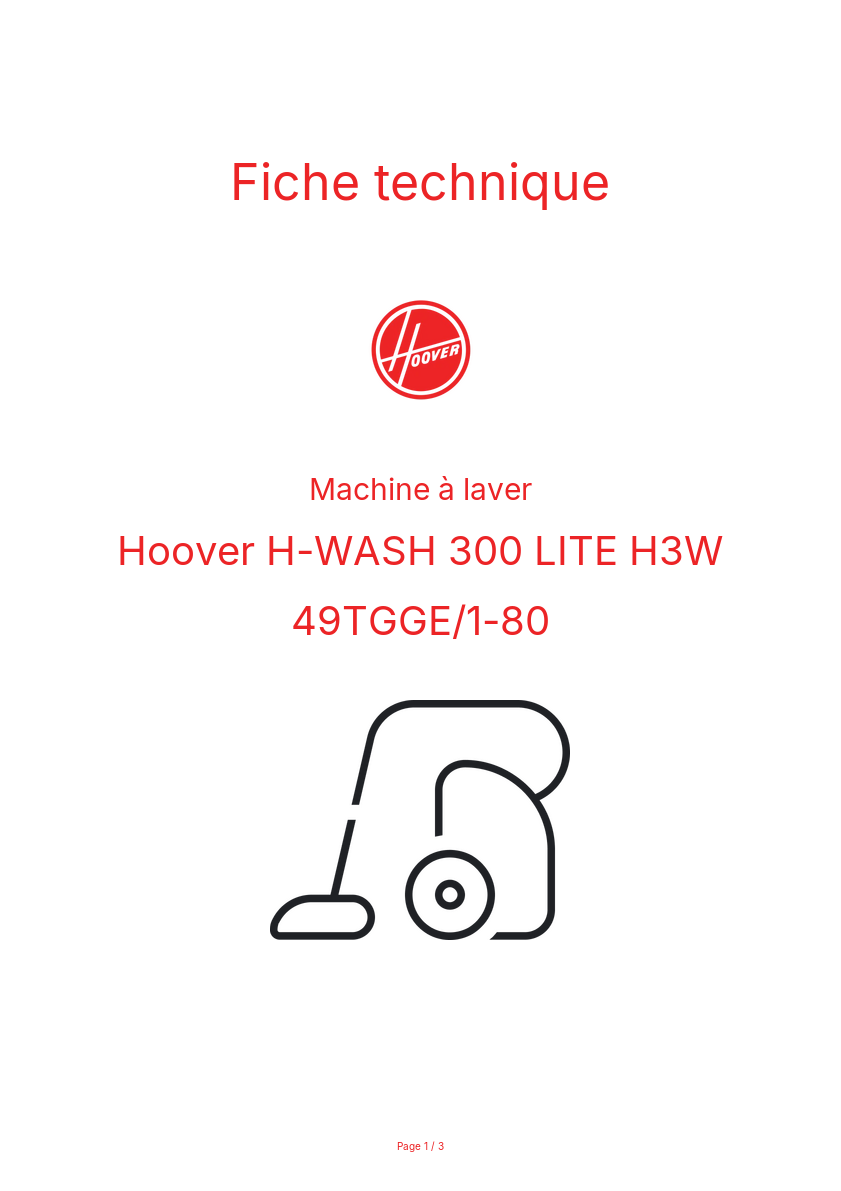 Page n°1 - Fiche technique Hoover H-WASH 300 LITE H3W 49TGGE/1-80