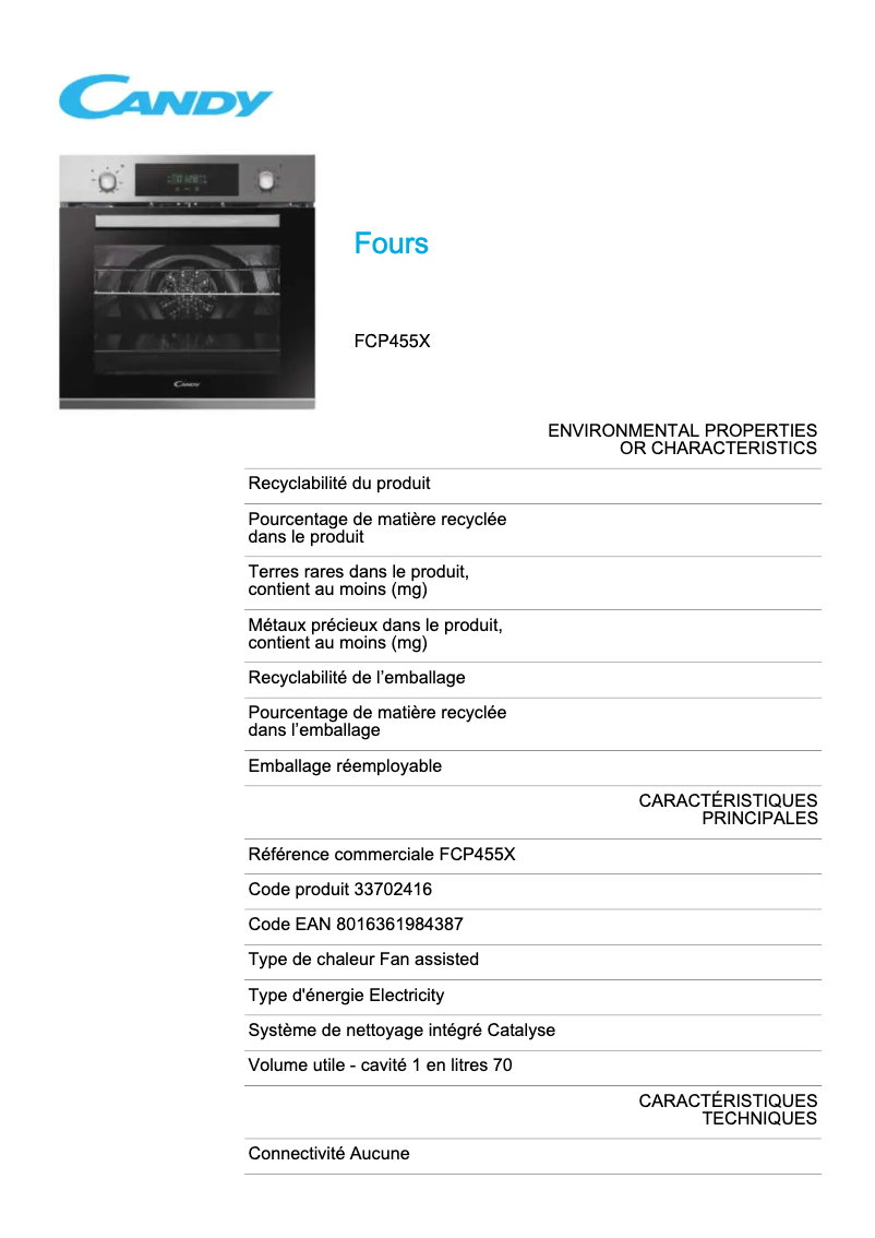 Page 1 de la notice Fiche technique Candy FCP455X
