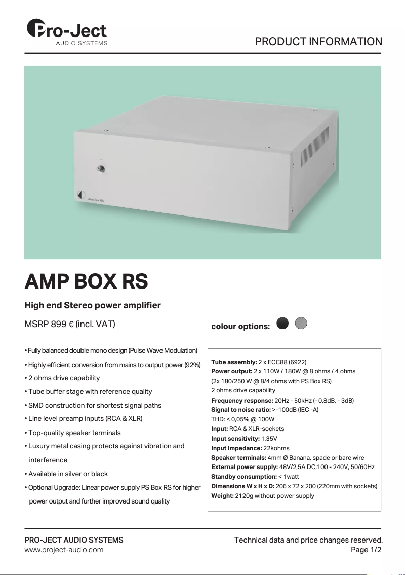 Page 1 de la notice Fiche technique Pro-Ject Amp Box RS