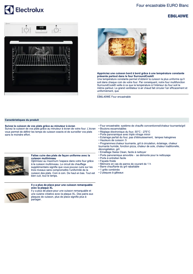Page 1 de la notice Fiche technique Electrolux EB6L40WE